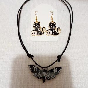 Skull Moth Choker Necklace & Skull Cat Earrings ~Gothic Jewelry
